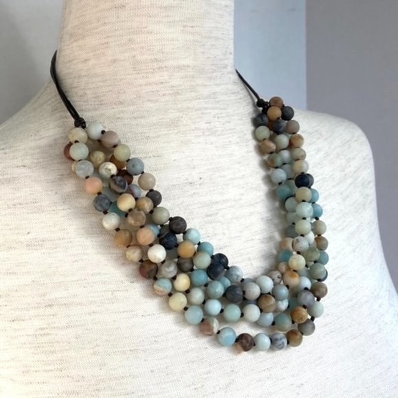 Multi-Strand 8mm Amazonite Beaded Collar Necklace 20" HOB 925 Knotted 5 Strand - Picture 2 of 12